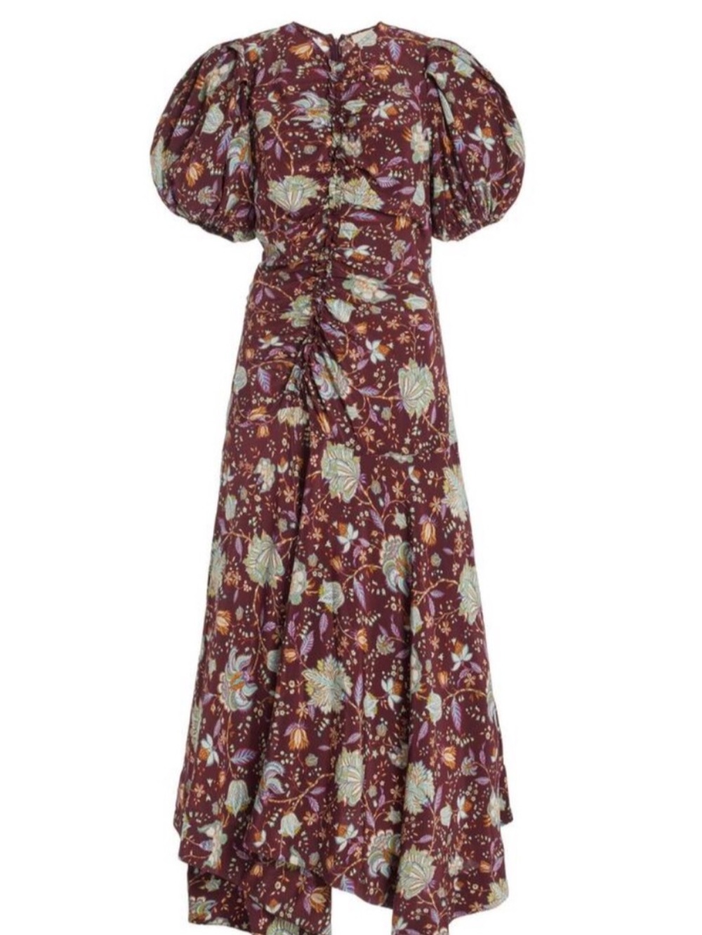 Ulla Johnson Heleen ruched Floral Puff-Sleeve Midi Dress in Burgundy